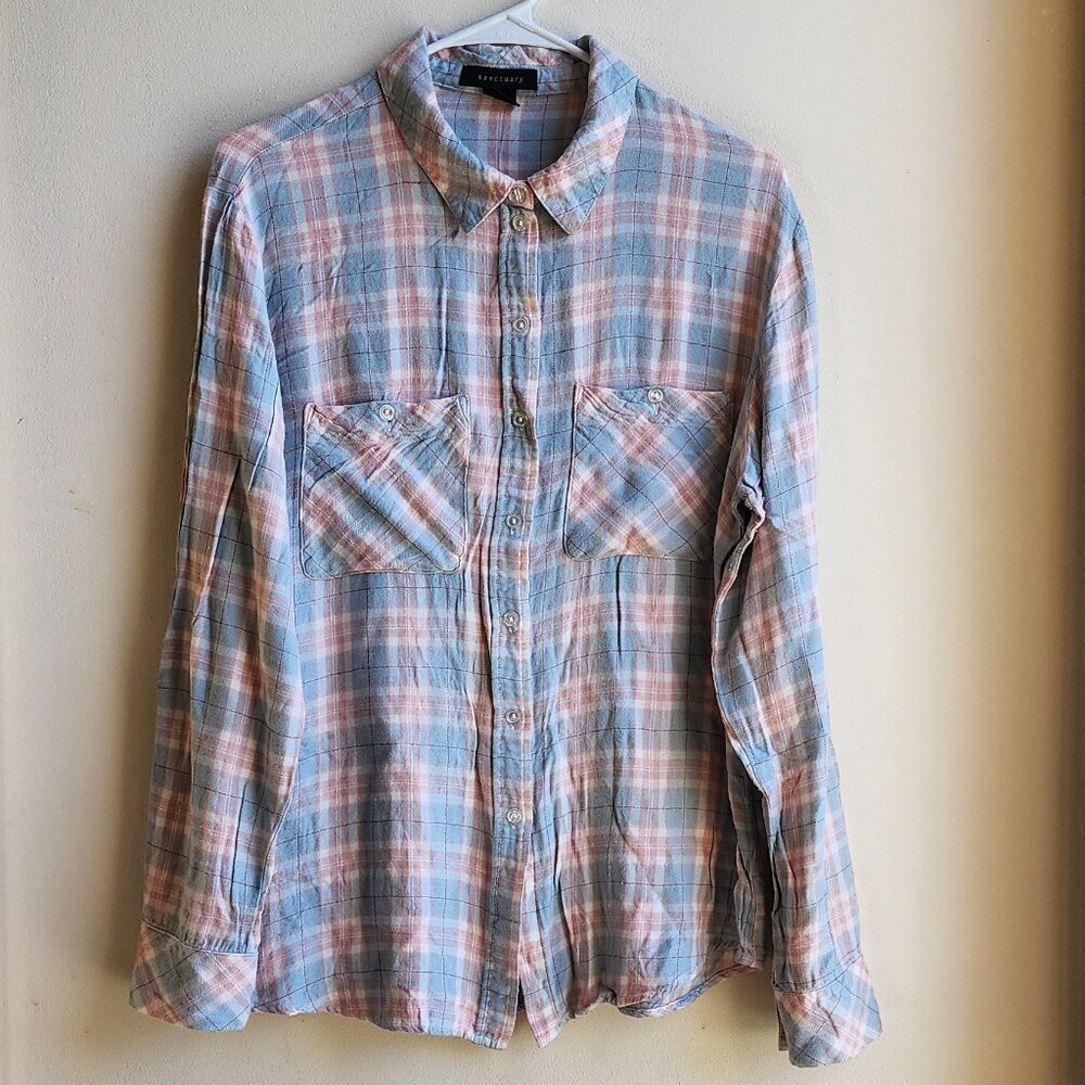 Sanctuary Blue/Pink Plaid Button Down Flannel Shirt Size Large - Picture 1 of 13